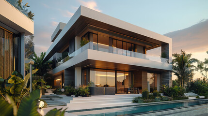Modern villas. Architecture features clean lines and elegance, blending minimalist and contemporary elements. Exterior maintains simplicity and sleekness with unique. Generative AI.