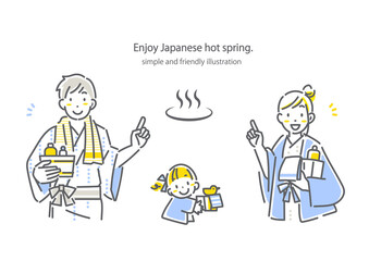 Naklejka premium 浴衣を着て温泉を楽しむ若い家族 シンプルで お洒落な線画イラスト