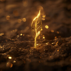 a golden seed germinating from the ground, made only by golden shiny lines.