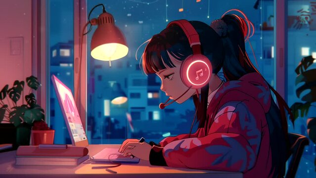 Background music lofi, girl doing homework on laptop with sleepy expression. looping time-lapse video