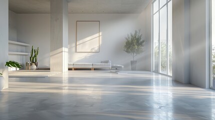 Detailed 3D image of a minimalist living room with an open-plan design, featuring stark white walls, concrete floors, and unobstructed daylight.