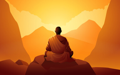 Buddhist monk meditating atop a mountain rock, surrounded by mountain landscape, harmonizes with natures, inner peace and contemplation, mindfulness, sense of spiritual connection and natural harmony