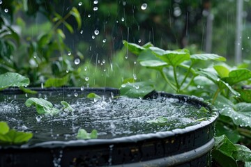 Vivid rain shower over a verdant garden, droplets splashing on a dark water barrel filled with leafy plants.