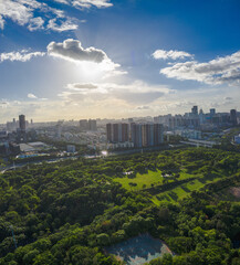 An aerial view of Nanshan cityscape under summer broad daylight, photo in Shenzhen, China