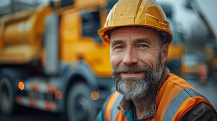 Happy engineer standing in front on his truck and looking at camera. Generative AI.