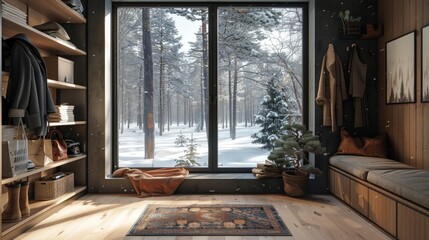 Detailed 3D illustration of a Scandinavian mudroom with functional design and a black window showcasing a snowy forest path.