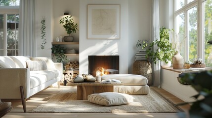 Detailed 3D illustration of a Scandinavian living room with an embedded fireplace and a light-filled, airy atmosphere, emphasizing a calm and inviting mood.