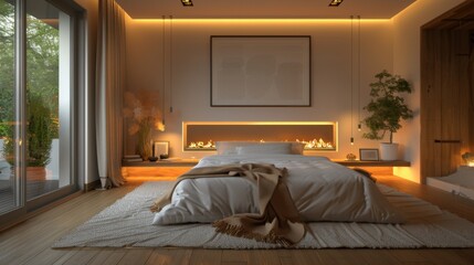 Detailed 3D illustration of a Scandinavian bedroom with a recessed fireplace, minimalist art, and soft, indirect lighting creating a calm, inviting ambiance - obrazy, fototapety, plakaty