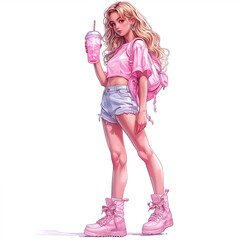 Stylish girl with bubble tea in hand and pink shoes"