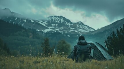 A dark-skinned person camped in the grass with a mountain backdrop.