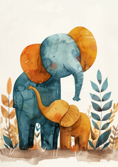 Sweet watercolor elephant mom and baby on beige background