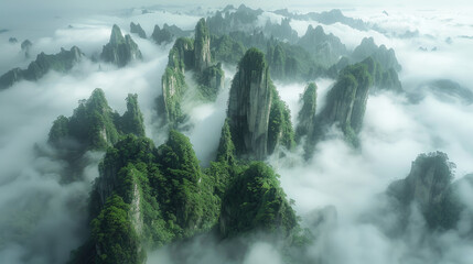 Misty mountain range, with towering peaks shrouded in clouds and mist. Created with Ai
