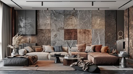 A chic living room with a variety of textured walls, including velvet, silk, and suede, in muted tones, complemented by an eclectic mix of modern and antique furniture