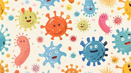Wallpaper for pediatric clinic, playful pattern of cartoonish bacteria and viruses, vibrant colors on a light background, educational and fun