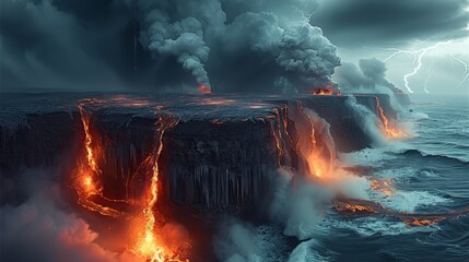 A surreal fantasy landscape with molten lava flowing off a cliff, seascape, jagged cliffs...