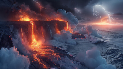 A surreal fantasy landscape with molten lava flowing off a cliff, seascape, jagged cliffs...
