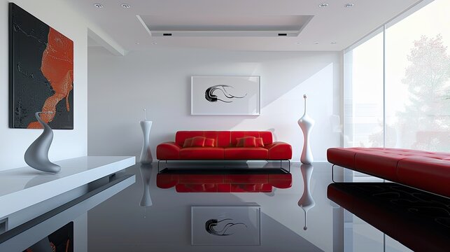 A contemporary living room with a high gloss black floor, white walls, and a bold red sofa that provides a stunning contrast, accented with minimalist sculptures and abstract paintings