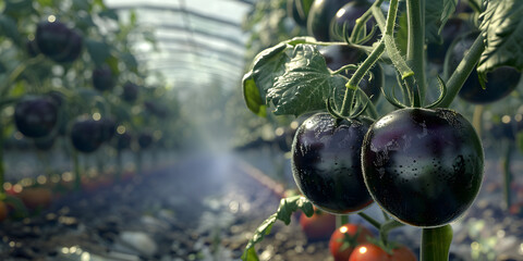 Bacterial diseases of tomatoes growing in the garden Lonely black tomato on a branch close up, 
