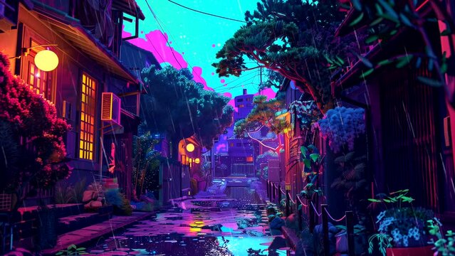 Exterior of house at night with neon lighting. looping time-lapse video animation