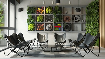 A contemporary living room with a smart plant watering system, a wall of kinetic art, and a set of folding chairs