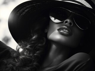 A woman wearing a black hat and sunglasses. She has long hair and is smiling. The image has a mood of elegance and sophistication