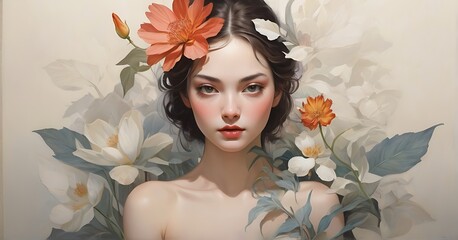 A visually striking piece of art, with a captivating female dresser emerging from behind a delicate flower, creating a unique and diverse composition.