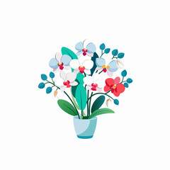 orchid flower in Glass vases with blue water. Cute colorful flower icon collection. White background. Flat design