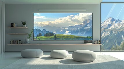 A contemporary living room with a smart window that displays digital landscapes, a floating bookshelf, and a set of minimalist poufs