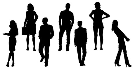 Silhouette group of fashionable people in standing pose. Silhouette collection of business people man and woman