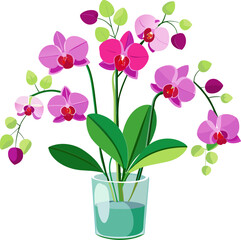 orchid flower in Glass vases with blue water. Cute colorful flower icon collection. White background. Flat design