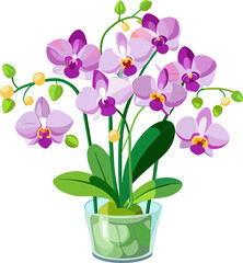 orchid flower in Glass vases with blue water. Cute colorful flower icon collection. White background. Flat design