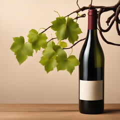 a wine bottle mockup, vine plant in the background