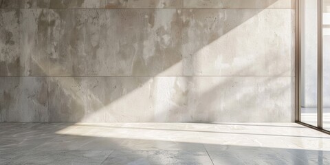 A large, empty room with a wall of concrete. The room is illuminated by sunlight coming in through a window