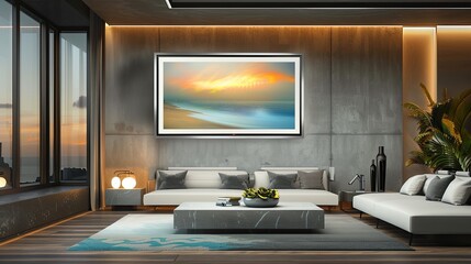 A contemporary living room with a smart art frame that changes artwork, a modular seating arrangement, and a set of LED accent lights