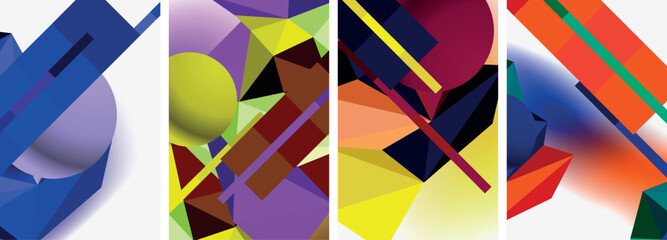 A vibrant collage of colorful geometric shapes in shades of purple, magenta, and violet on a white background. Includes rectangles, triangles, and creative arts elements