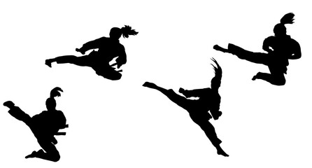 Silhouette collection of woman doing a martial art kick. Silhouette collection of sporty female doing kicking movement.