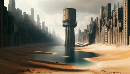City with dried lake and water tower
