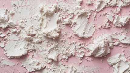 A white powdery substance is spread across a pink background. The texture of the powder is rough and grainy, giving the impression of a messy, disorganized surface