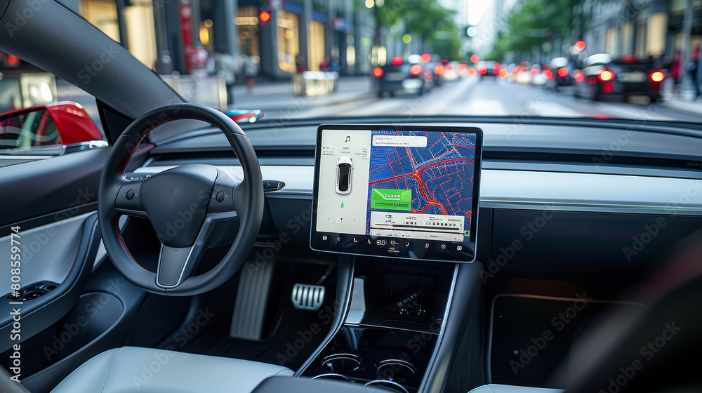 Poster in the interior of an electric car, there is a large screen which displays various information about