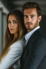 A man and a woman are posing for a picture. The man is wearing a suit and tie, and the woman is wearing a white blouse. Scene is formal and elegant
