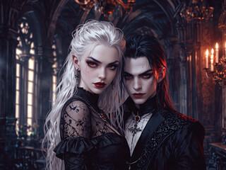 Gothic Style Character Illustration of a Vampire Couple, AI Generative