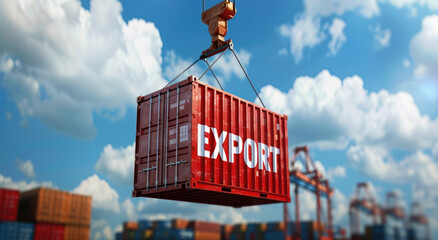 Close up of a red cargo container with the word "EXPORT" and a crane lifting shipping containers at a commercial port