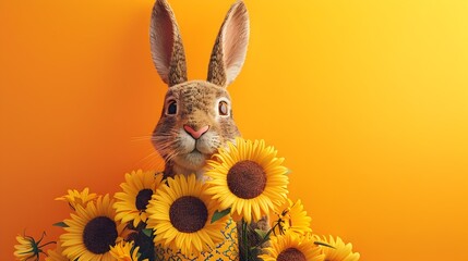 Delightful Rabbit in Sunflower Embellished Sun Dress Against Vibrant Orange Background - obrazy, fototapety, plakaty
