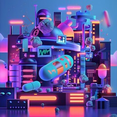 3D banner illustration style of health education, visualized in cyberpunk color, empowering communities, with big copy space
