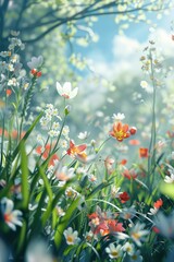 A field of flowers with a blue sky in the background. The flowers are white and red
