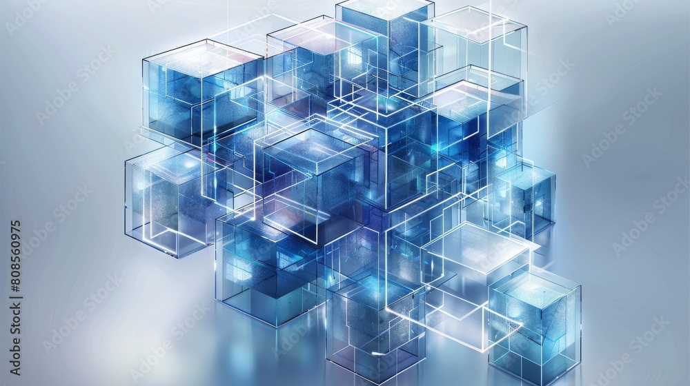 Aufkleber A digital illustration of isometric cube made up of various blue and white geometric shapes, arranged in an intricate pattern on a grey background. includes transparent glass elements. Generative AI.