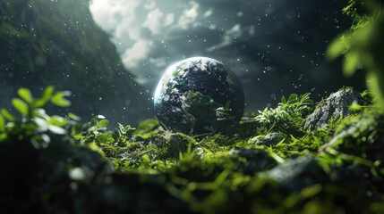 A small planet is sitting on a rocky field with green grass. The scene is peaceful and serene, with...