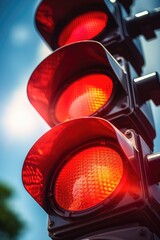Three traffic lights are lit up red