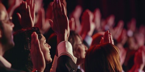 A crowd of people are in a church, with many of them raising their hands in a prayerful gesture