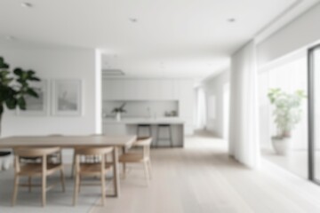 Defocused shot of a bright, airy Scandinavian-style living space with minimalist design....